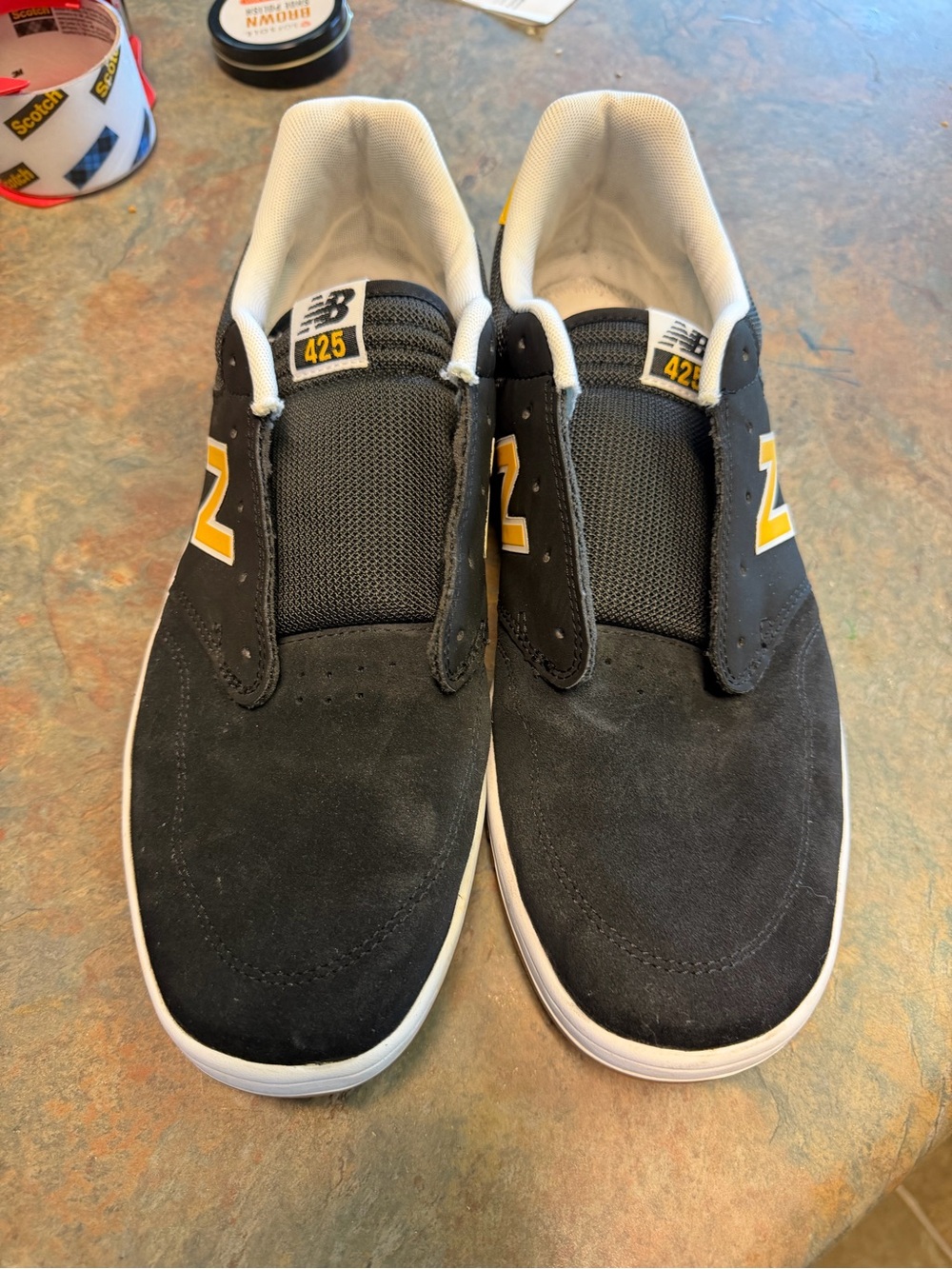 New Balance Black Slip-On 425 Suede Loafers with Yellow Accents
